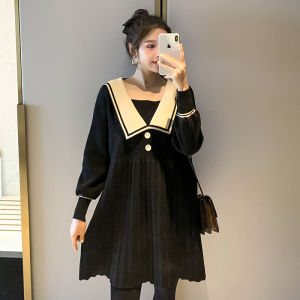 Bộ Đồ Hai Mảnh Cho Bà Bầu Cỡ Lớn Áo Len Dệt Kim Rộng Rãi Áo Và Váy Dài Tay Cổ Chữ V Màu Trơn Phong Cách Hàn Quốc