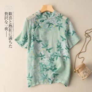 Chinese Style Short Sleeve Cotton Linen Shirt Womens Loose Top Spring Summer New Artistic Print Button up Casual Fashion