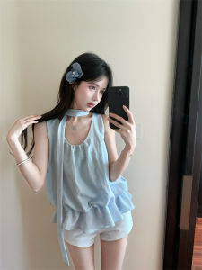 GUZILIAN | เสื้อกั๊กแขนกุดไม่มีแขนดอกไม้ขนาดเล็กแบบสวมใส่เดียวสำหรับฤดูร้อน ดีไซน์สวยงามไม่ซ้ำใคร ผ้าฝ้ายผสมโพลีเอสเตอร์