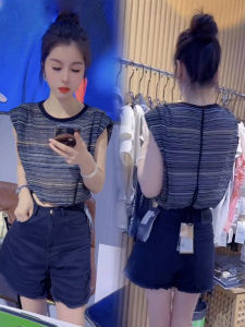 เสื้อยืดแขนสั้นผู้หญิง ลายทาง ทรงหลวม สไตล์ลำลอง ฤดูร้อน 2024 เสื้อผ้าทำงานผู้หญิง แฟชั่น ลำลอง ฤดูร้อน 2024