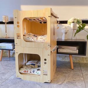 Wooden Cat House Villa Double Layer Combination Cat Shelter Bed Suspension Toy for Cats All Seasons Universal Pet Supplies