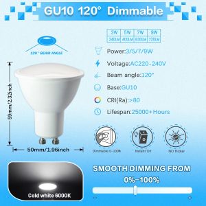 GATETOP | 24PCS GU10 Bulb Led Spotlight Lamp Dimmable GU10 6000K 4000K AC220V Lamps 3W 5W 7W 9W Daylight Cool Lighting for Home Decoration