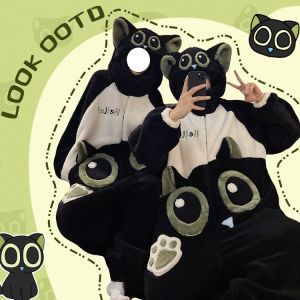 Cute Black Cat Couples Onesie Sleepwear Thickened Coral Fleece Home Clothes Mens Womens Zipper Pajamas Winter Warm Soft