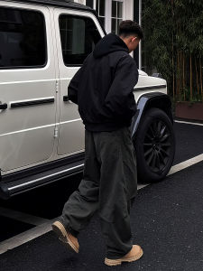 Military Green Washed Pure Cotton Knife Edge Workwear Pants Mens American Folded Paratrooper Casual Wide Leg Pants