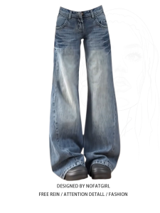 plus Size Womens American Retro Washed Blue Low Waist Flared Jeans Summer New Loose Straight Leg Bell Bottom Pants