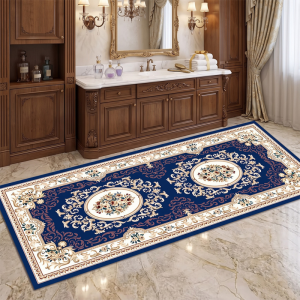 VIKAMA Elegant Bathroom Floor Mat Navy Floral Vine Pattern Carpet Non‑Slip Rug For Toilet Restroom Home Decor