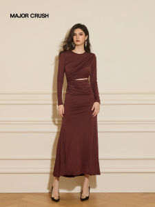 Pleated Lace Hollow-out Long Sleeve Slim Fish-tail Dress