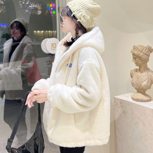 Winter New Womens Fur Coat Short Loose Thickened Cottonlined Rabbit Fur Simulation Mink Velvet Hooded Outerwear Korean Style