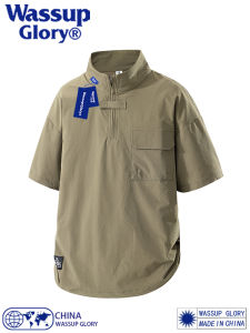 Wassup Glory American Retro Ice Silk Quick Dry Short Sleeve T-Shirt Mens Half Zip Stand Collar Workwear Summer Top