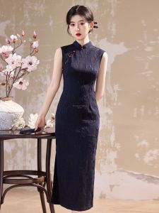 SUCHENGYIHONGYAN | Dark Blue Chinese Style Sleeveless Summer Long Dress