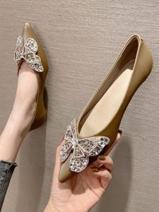 Elegant Lady Low Heel Diamond Butterfly Fashion Single Shoes Soft Bottom Comfortable PU Material Korean Style Autumn New