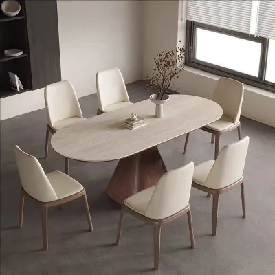 Modern Retro Style Wood Table And Chairs Set Hole Stone Rock Plate Oval White Basswood Original Wood Table for Home Use