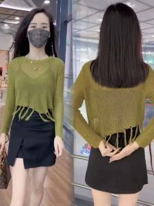 Thin Ice Silk Knitted Top Womens Summer New Fashion Age-Defying Outerwear Tassel Trim Korean Style Long Sleeve Crew Neck