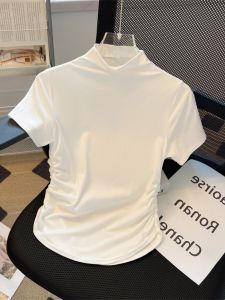 Counter Mall Withdraw Big Brand Womens Clothing Half Turtleneck Short Sleeve T-Shirt Womens Summer Ruched Silm Waist Trimming Short Tops