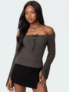 Edikted American Style Spicy Girl Autumn Winter Knitted Sweater with Butterfly Knot One Shoulder Christmas Outfit Ladies Knitwear