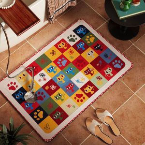 VIKAMA Bath Mat Cartoon Cat Mouse Paw Print Checkered Pattern Non‑Slip Absorbent Floor Mat for Bathroom Home Decor