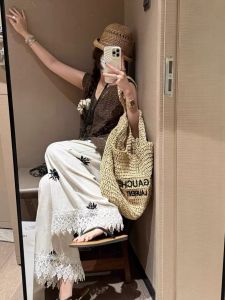 Loose Fit Embroidered Lace Trim Nine-Tenths Pants Womens Casual Pants Floral Pattern Natural Waist Elastic Hem Wide Leg