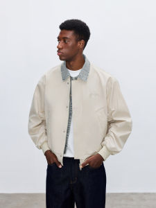 CHINISM | Denim Patchwork Mock Two-Piece Structured Silhouette MA1 Flight Jacket Winter