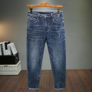 Mens Elastic Denim Jeans mid Waist Slim Fit Casual Harlan Pants Spring Autumn Nine Points Loose Straight Leg Jeans