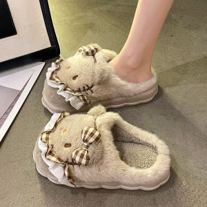 MONLEYTA | Japanese Cotton Slippers Womens Autumn Winter Cute Ruffle Butterfly Knot Cat Indoor Home Plush Warm Headed Slippers
