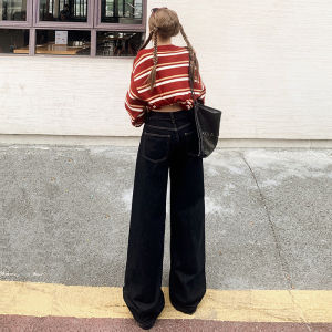 Low Waist Wide Leg Denim Jeans Womens Black Blue Button Loose Straight Floor-Length Pants Autumn New Style Vintage Draped