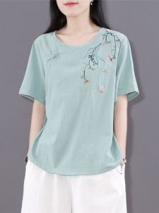 เสื้อยืดแขนสั้นผู้หญิงผ้าลินินคอตตอนฤดูร้อนใหม่หลวมๆ สไตล์จีนใหม่เสื้อผ้าชาปักปุ่มสั้นเสื้อผ้าชุดจีน