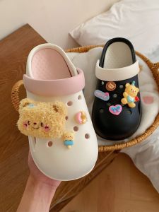Womens Plush Bear Clog Shoes Summer Thick Bottom Outdoor Wear Fashionable Beach Sandals Slip-On EVA Home Slippers