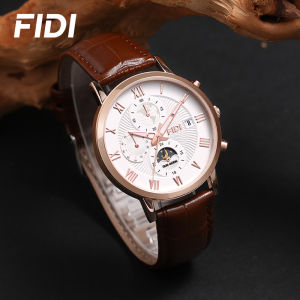FIDI Chinese-Core Mens Watch | Classic Quartz Timepiece with Sapphire Glass & Leather Strap | 30M Waterproof Luminous Triple Chronograph Moonphase