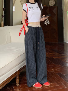 Slimming High Waist Wide Leg Pants Womens Summer Thin Straight Cut Trousers Retro Casual Plaid Print Loose Fit Long Pants