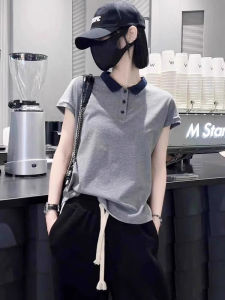 Gray Polo Neck Short Sleeve T-Shirt Womens Fashion Slim Fit Half Sleeve Summer Top Commute Style Korean Version Button Detail