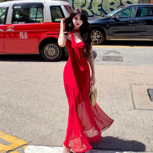 ZHENMANZI | Retro Hong Kong Style Red Chiffon Halter Dress Slimming High Waist French Style Long Skirt Summer Beautiful A-Line Dress V-Neck