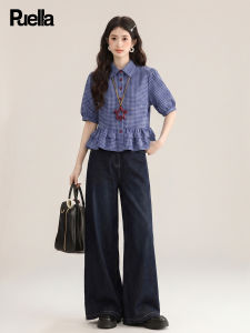 puella | Bộ Quần Áo Phong Cách Hàn Quốc Trẻ Trung: Áo Caro Tay Ngắn và Quần Jeans Ống Rộng