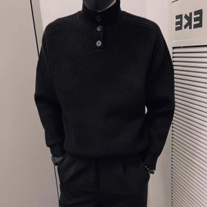 Mens Black High Collar Knitwear Long Sleeve Base Layer Shirt Inner Wear Fashionable Autumn Winter Trendy Knitted Sweater