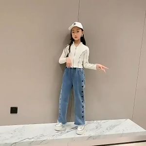Fashion Pants for Kids Girl Cute Embroidered Design Jeans Denim Maong Pants for Kids Girl Korean Loose Casual Wide Leg Pants New Pants Aesthetic Korean Style Childrens Clothing 5-16Yrs