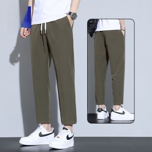 ROMON | Lormen Mens Ice Silk Casual Pants Summer Thin Slim Fit Nine Point Straight Leg Elastic Waist Sports Pants Fashion Urban Style