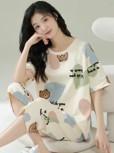 Womens Pajamas 2024 New Arrival Summer Cotton Short Sleeve Cropped Pants Womens Homewear Two-piece Set Summer Thin
