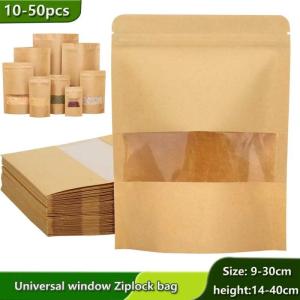 Kraft Paper Window Bag Stand Up Resealable Self Sealing Packaging Pouches Storing Cookie Nut Food Snack Fruit Tea Ziplocks Bag