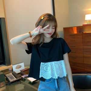 Black Short Sleeve T-Shirt Womens Fashionable Summer Loose Slimming Unique Super Beautiful Shoulder Level Top Korean Style round Neck Cotton