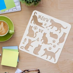 1PC Cat Stencil Template 11.8x11.8 Inch Square Drawing Stencil with Butterfly Paw Print Fish Pattern for DIY Art Painting Journa