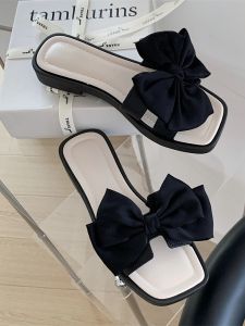 Sweet Butterfly Knot Flat Sandals Womens Outdoor Summer Beach Slippers T-Strap PVC Plastic Slip-On Shoes for Young Ladies