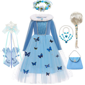 Halloween Cartoon Elsa Cosplay Dress With Cloak Child Girl Winter Velvet Sequin Princess Frocks Kids Carnival Elegant Gown