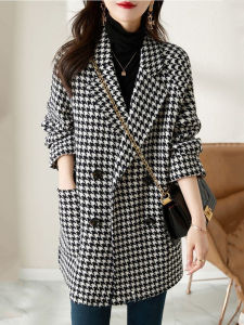 Fashionable Elegant Houndstooth Tweed Blazer Outerwear 2026 Winter