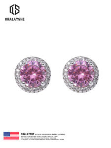 Official Authentic Products round Diamond Pink Full-Jeweled Stud Earrings Hip Hop Earrings for Men and Women Couple European and American Entry Lux Fancy