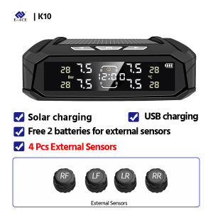 E-ACE Car TPMS Sensor 8 Bar Smart System For Car Truck With Car Electronic Clock Auto Intelligent System Solar Power LCD Display