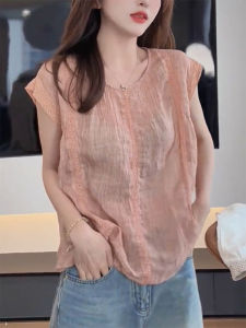 QINGNAER | Cute and Sweet Large Size Pink Lace Short Sleeve Lightweight Blouse