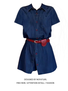 plus Size Casual Deep Blue Denim Set Women Summer 2025 New Short Sleeve Shirt High Waist Short Skirt Two Piece Set