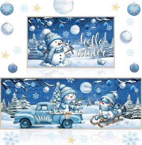VIKAMA 2-Piece Christmas Snowman Carpet Blue Christmas Kitchen Mat Lovely Bathroom Carpet Non-Slip Mat Winter Holiday Decor
