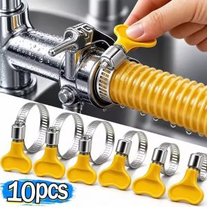 10PCS 6-38mm Adjustable Yellow Plastic Handle Hand Twist Hose Clamps Worm Driving 304 Stainless Steel Pipe Clips for Tube