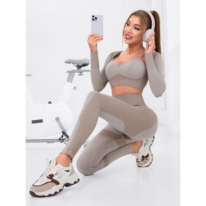 ชุดโยคะผู้หญิง ชุดออกกำลังกาย ชุดฟิตเนส ชุดวิ่ง ชุดลำลอง ชุดกีฬา ผ้าฝ้ายผสม ระบายอากาศได้ดี ชุดโยคะ 3 ชิ้น