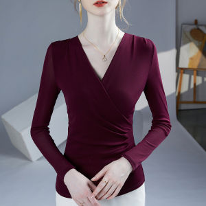 Áo Ba Lỗ Dài Tay Cổ Chữ V Chéo Cho Nữ Mùa Xuân Thu Mới Áo Lưới Lót Bên Trong Áo Tập Luyện Thể Dục Thời Trang